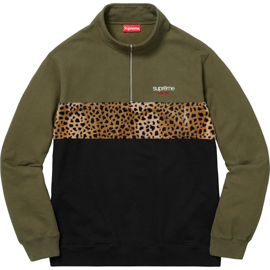 Supreme Leopard Panel Half Zip Sweatshirt &#39;Dark Olive&#39;