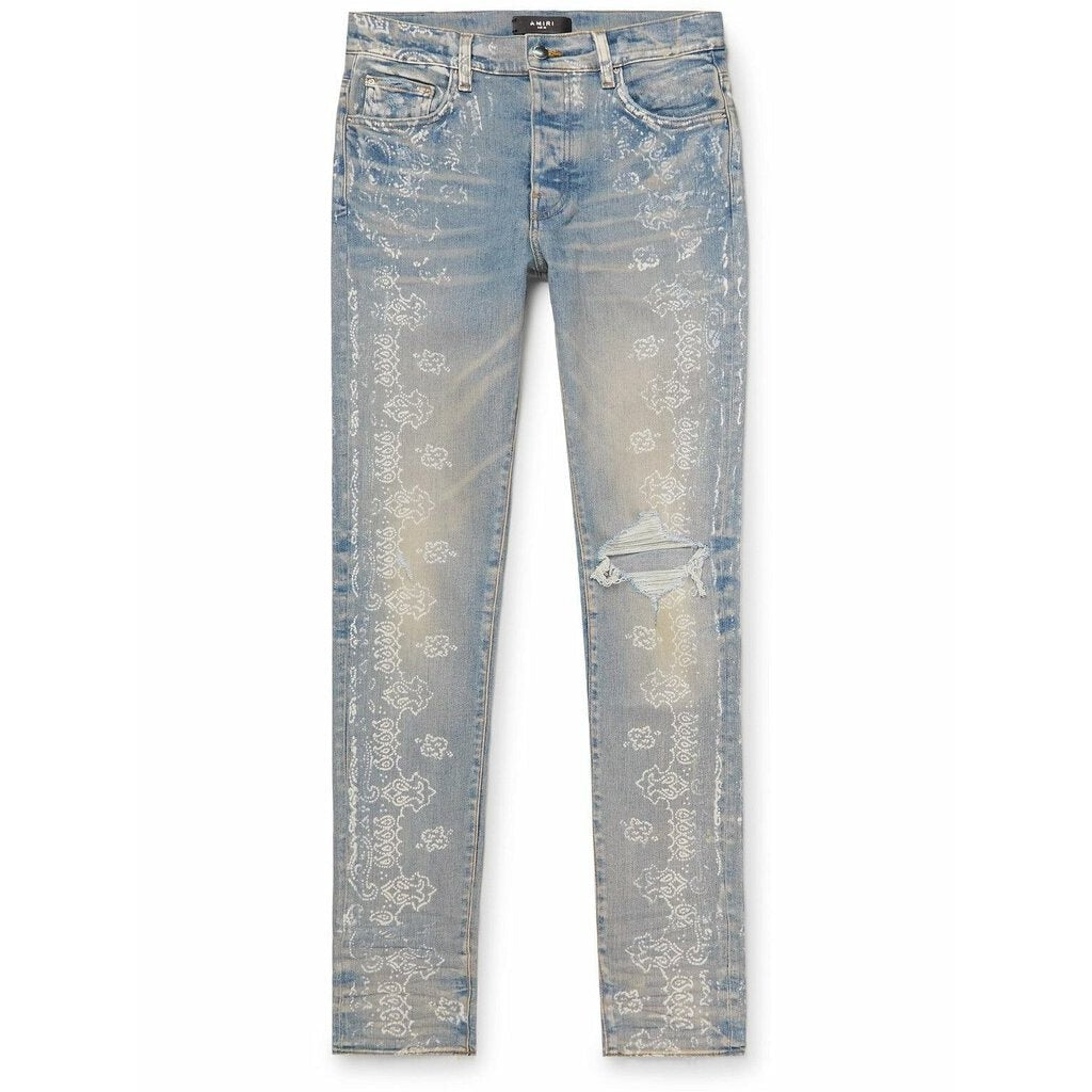 Amiri Skinny Fit Paisley Print Distressed Jeans &#39;Blue&#39;